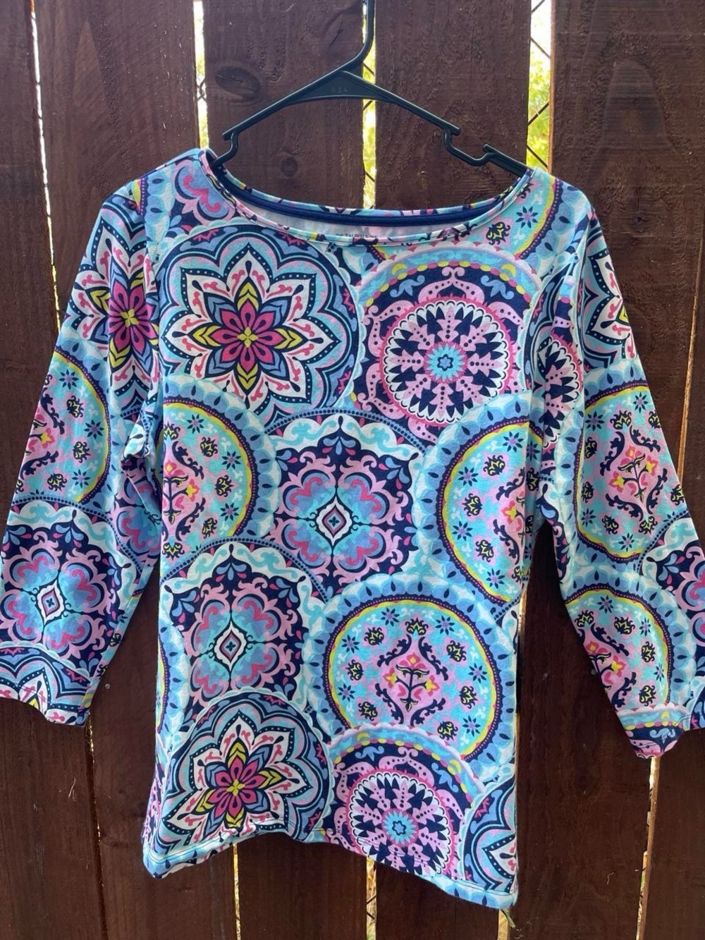 Talbots Tee Medallion Print Tee 3/4 Sleeve Boat Neck Maximalist Top Sz Lg